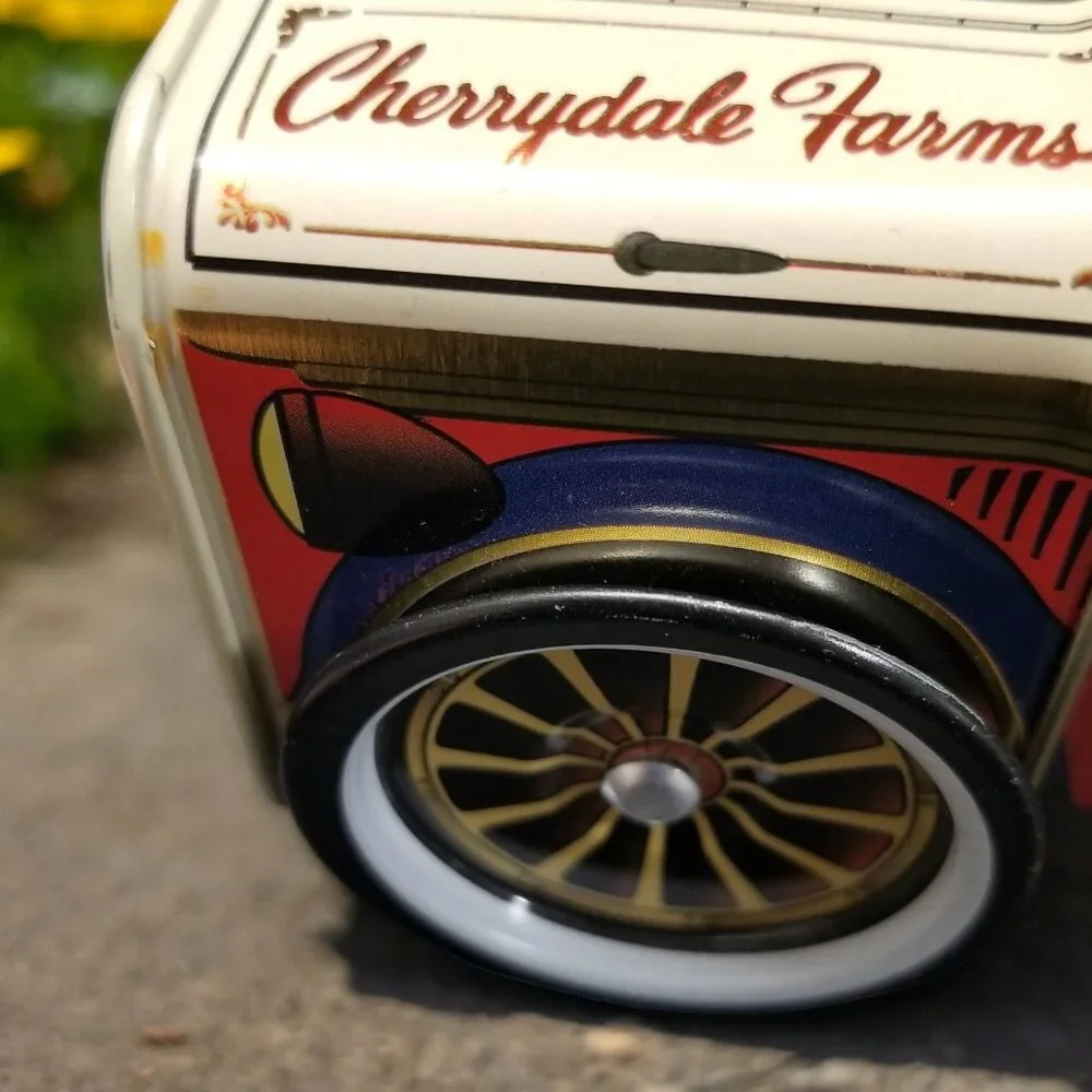 Tin Delivery Truck Coin Bank Vintage Cherrydale Farms w/Spinning Wheels - Picture 8 of 15